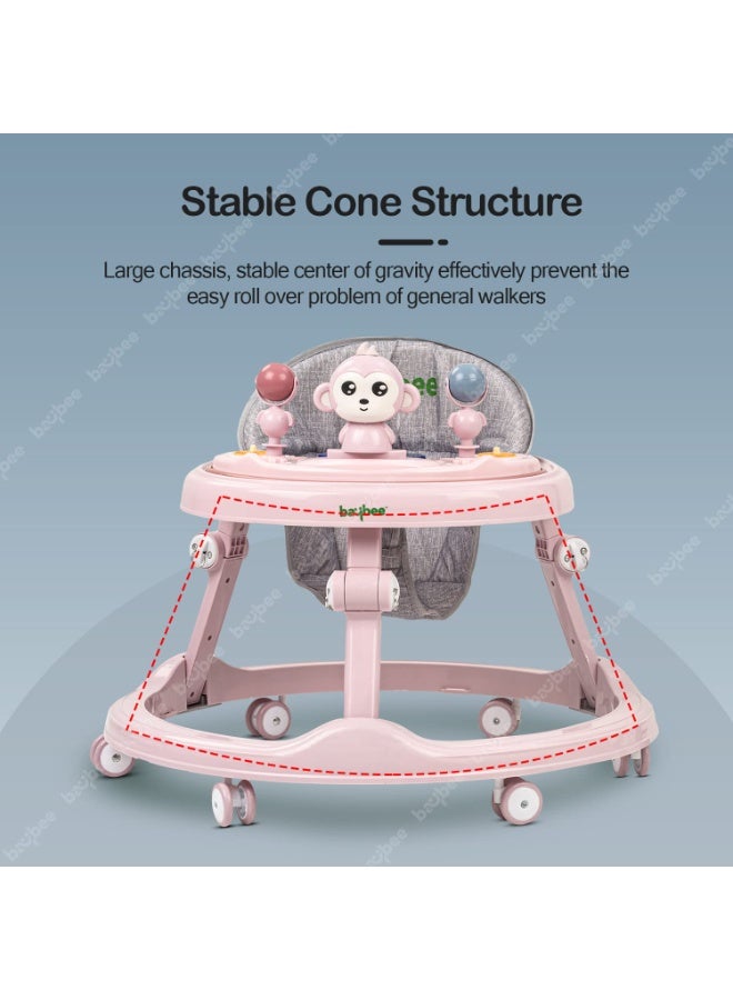 Baybee Drono Baby Walker for Kids with 4-Level Height Adjustment, Foldable Design, Food Tray & Musical Toy Bar | Round Activity Walker for Babies 6–18 Months (Pink) - Image 3
